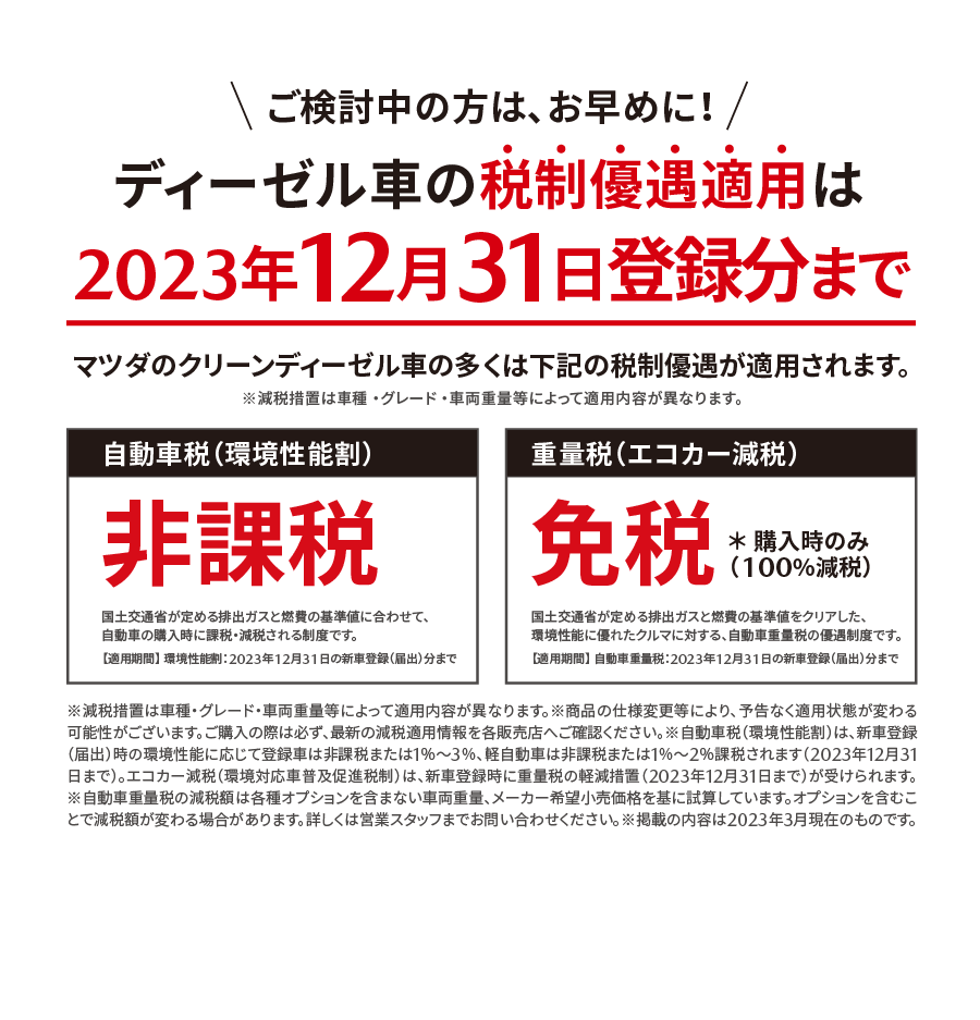 ディーゼル車の税制優遇適用は2023年12月31日登録分まで